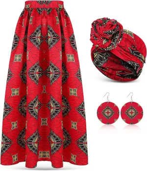 3 Pcs Women African Skirt Printed Maxi Skirt Long Skirts with Pockets Boho Casual Dress Head Wrap Scarf Drop Dangle Earrings