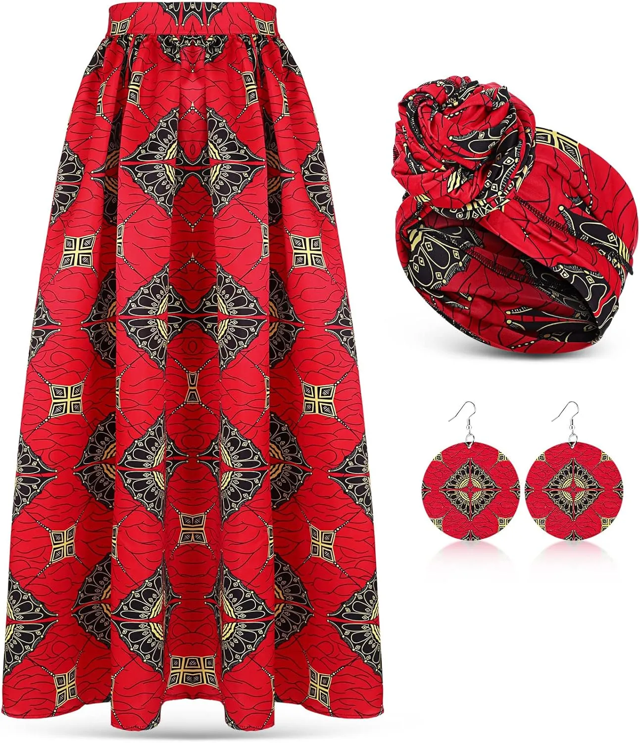 3 Pcs Women African Skirt Printed Maxi Skirt Long Skirts with Pockets Boho Casual Dress Head Wrap Scarf Drop Dangle Earrings