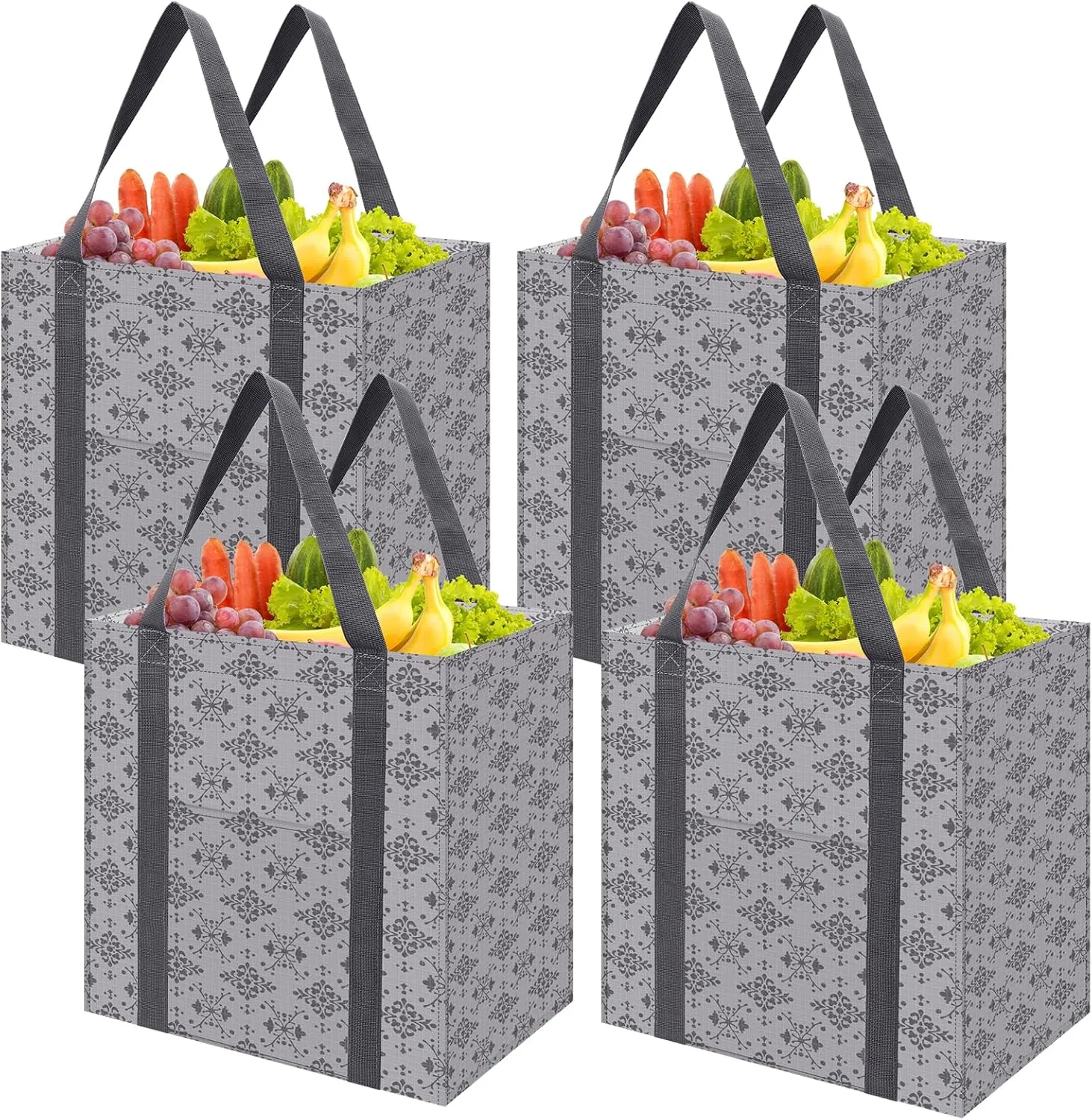 4 Pack Reusable Grocery Bags, Tote Bags for Shopping Cart with Hard Bottom to Stand Upright or Foldable, 35 L Waterproof Shopping Bags with Sturdy Handles for Picnic