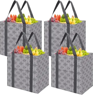 4 Pack Reusable Grocery Bags, Tote Bags for Shopping Cart with Hard Bottom to Stand Upright or Foldable, 35 L Waterproof Shopping Bags with Sturdy Handles for Picnic