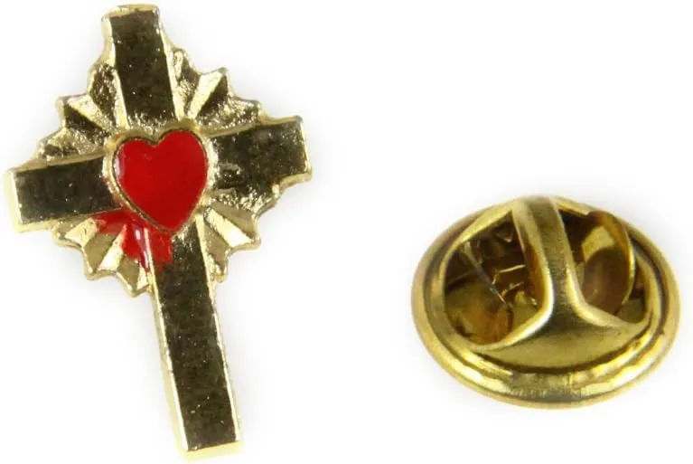 6030465 Cross Lapel Pin Tie Tack Red Sacred Heart Christian Service Award