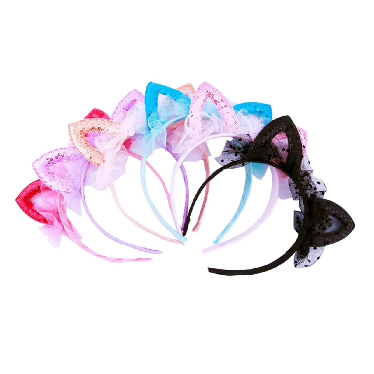 6pcs Lace Cat Ears Headband Sequin Mesh Hair Clips for Girls Cat Ear Hair Band for Party Bridal Shower Accessory Random Style