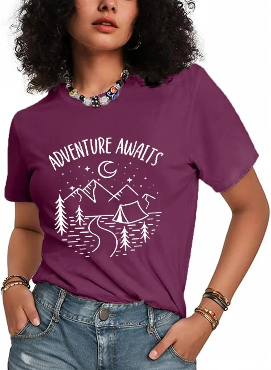 Adventure Awaits Shirts for Women Mountain Graphic Tees Hiking Camping Shirts Athletic Women's Short Sleeve Clothing Tops
