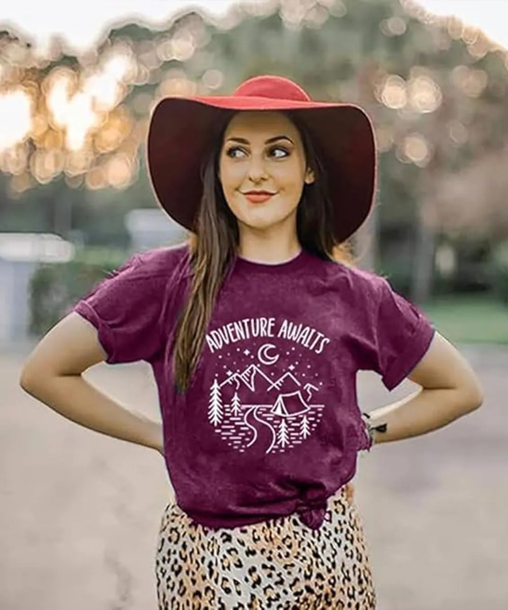 Adventure Awaits Shirts for Women Mountain Graphic Tees Hiking Camping Shirts Athletic Women's Short Sleeve Clothing Tops