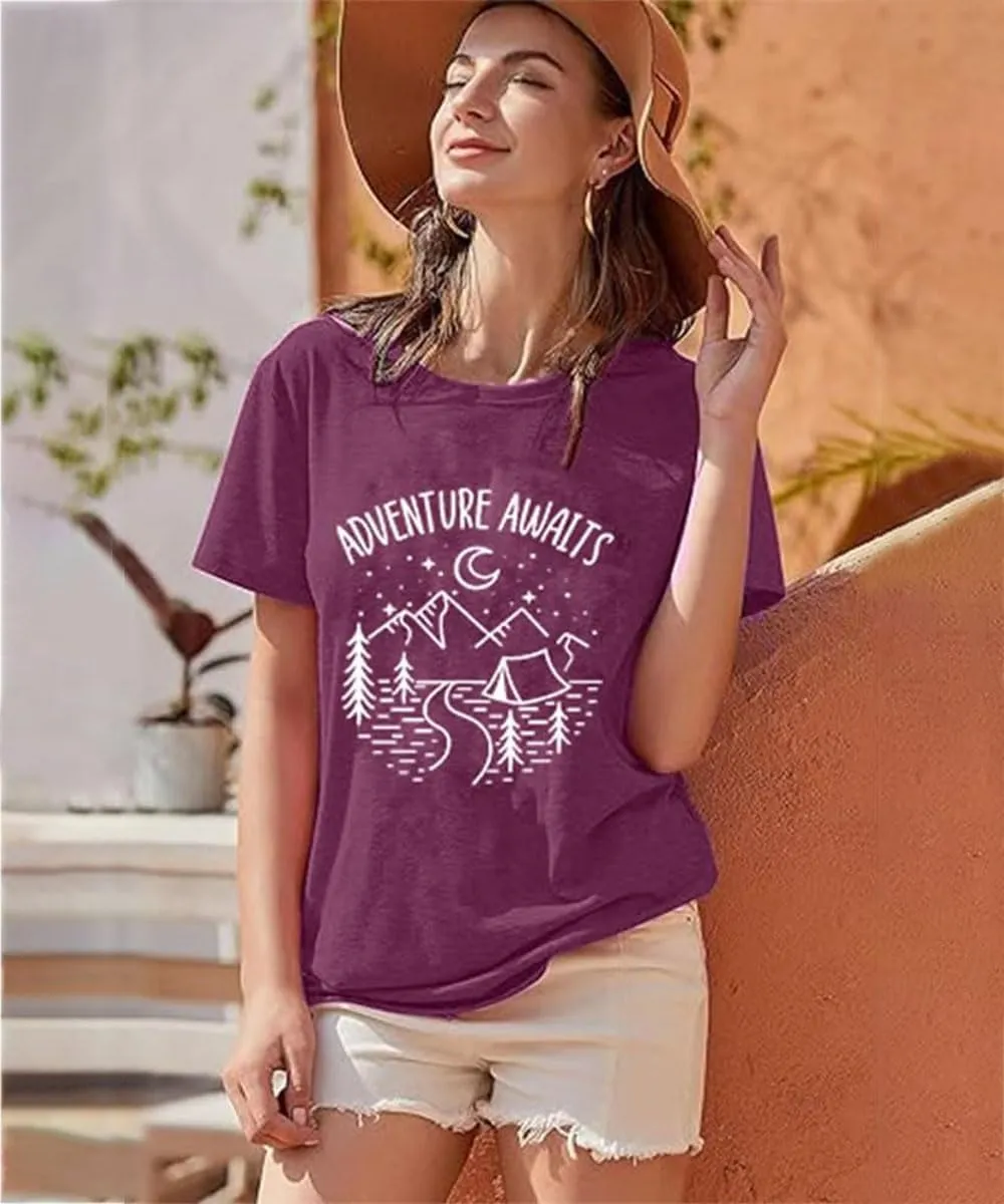 Adventure Awaits Shirts for Women Mountain Graphic Tees Hiking Camping Shirts Athletic Women's Short Sleeve Clothing Tops