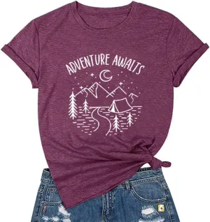 Adventure Awaits Shirts for Women Mountain Graphic Tees Hiking Camping Shirts Athletic Women's Short Sleeve Clothing Tops