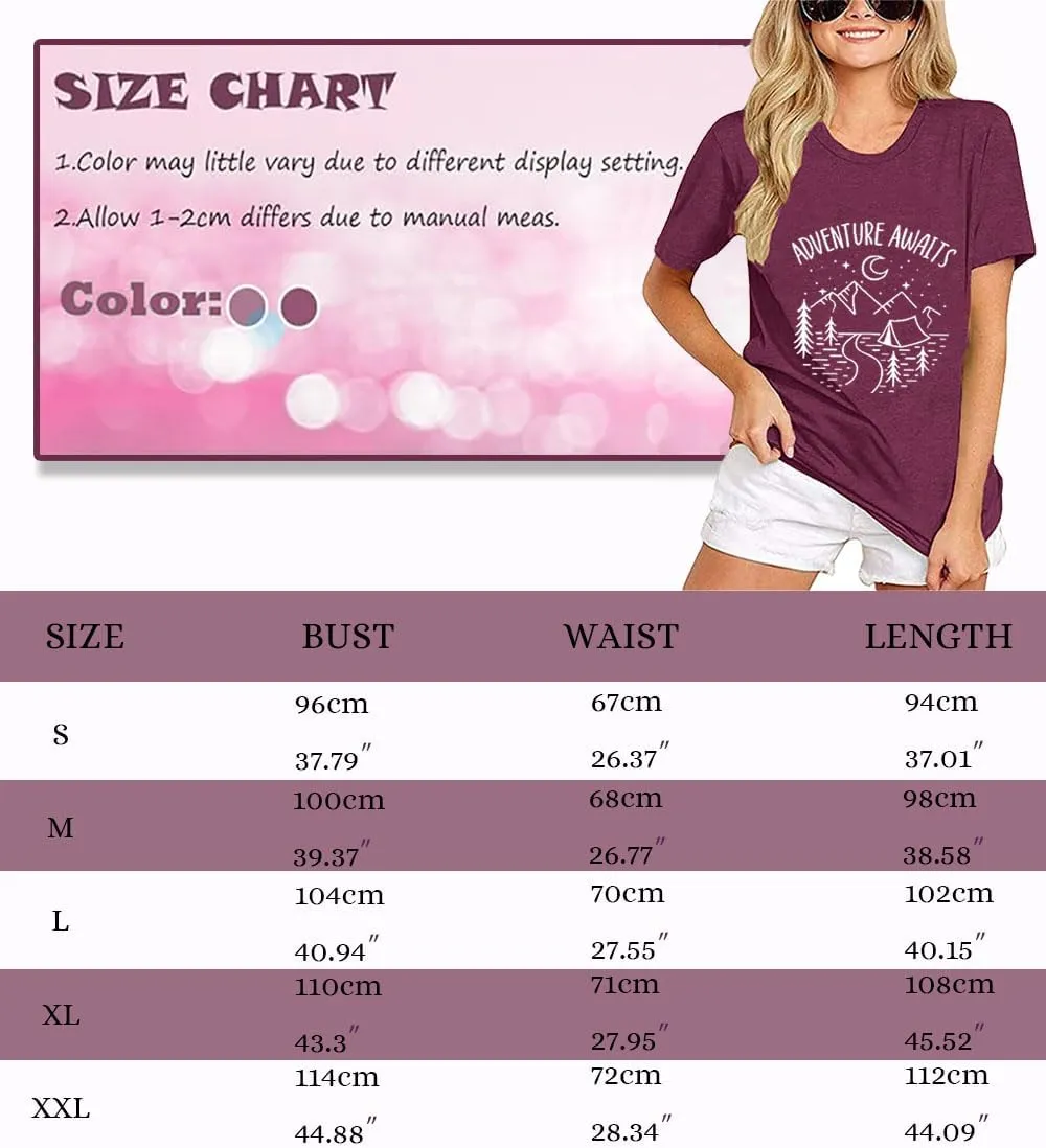 Adventure Awaits Shirts for Women Mountain Graphic Tees Hiking Camping Shirts Athletic Women's Short Sleeve Clothing Tops