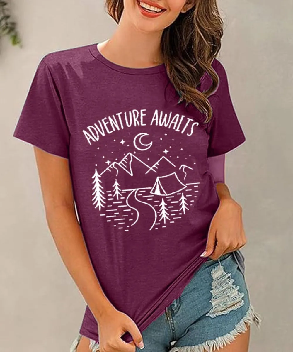 Adventure Awaits Shirts for Women Mountain Graphic Tees Hiking Camping Shirts Athletic Women's Short Sleeve Clothing Tops