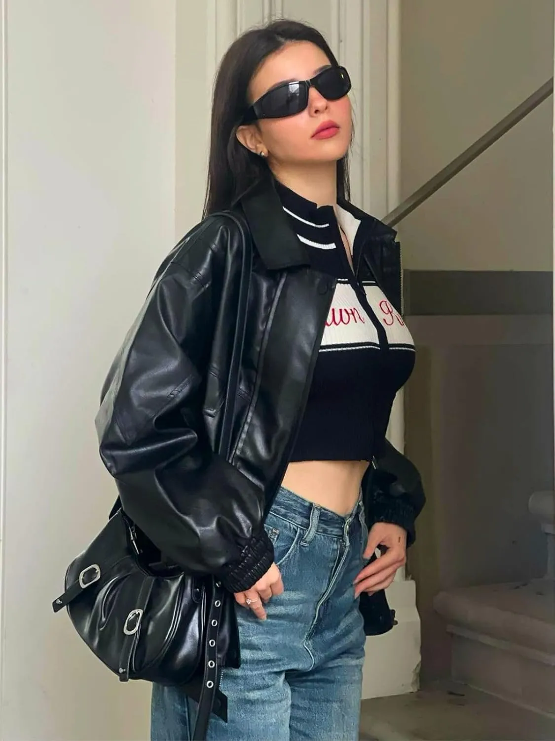 Aelfric Eden Womens Oversized Leather Jackets Mens Faux Leather Bomber Jacket 90s Vintage Biker Racing Moto Jackets