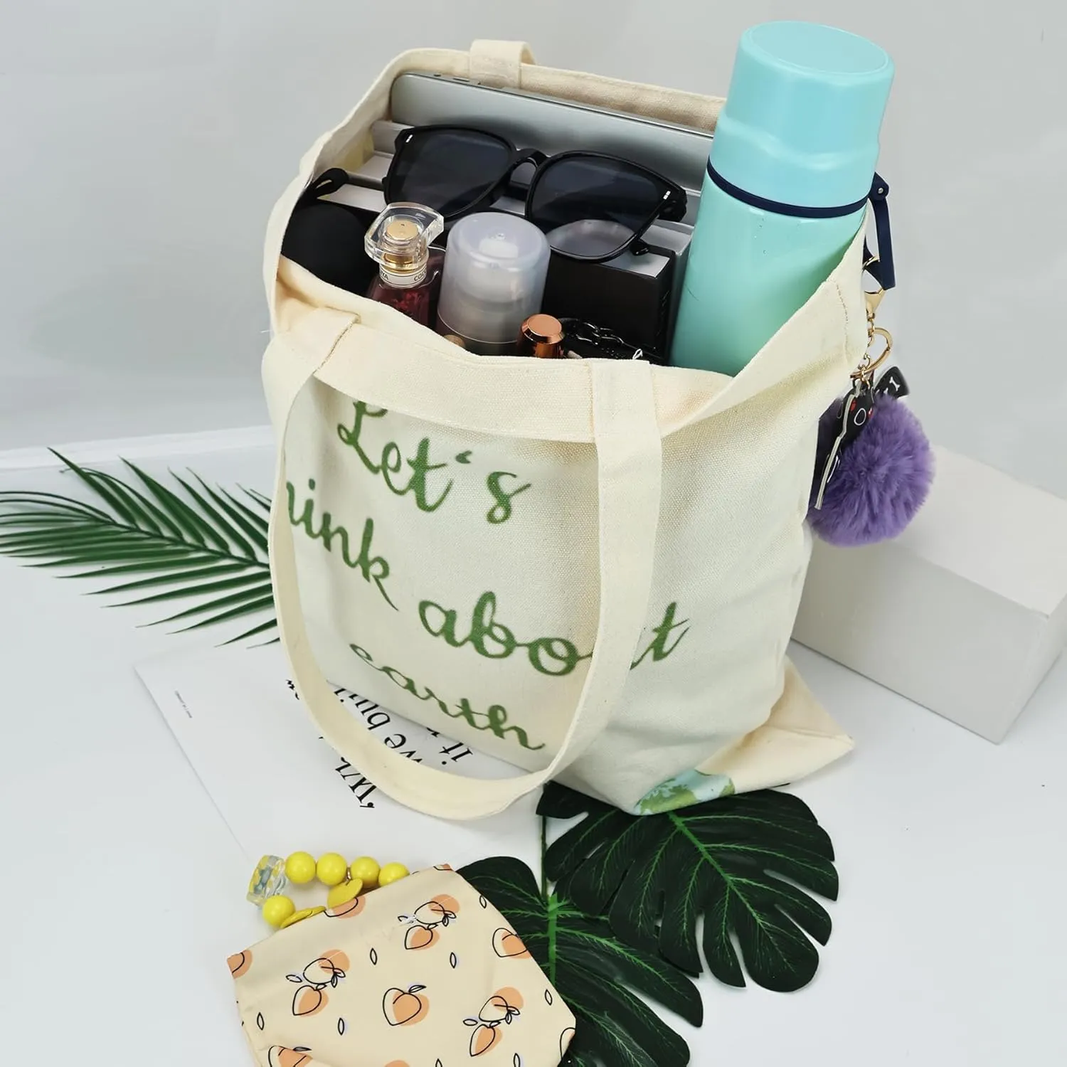 Aesthetic Canvas Tote Bag with Inner Pocket, Reusable Grocery Shopping Bags Shoulder Bag Cotton Tote for Flowers