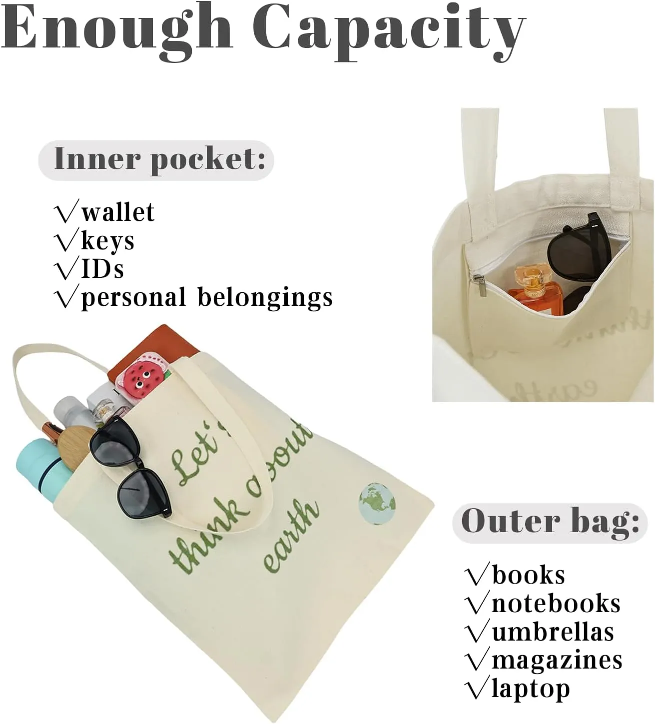 Aesthetic Canvas Tote Bag with Inner Pocket, Reusable Grocery Shopping Bags Shoulder Bag Cotton Tote for Flowers