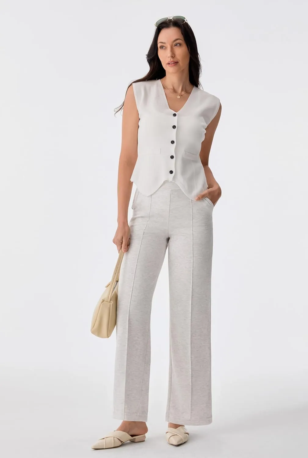 AFITNE Women's Wide Leg Work Pants High Waist Pull On Business Casual Pants Lightweight Lounge Slacks with Pockets 29"/31"