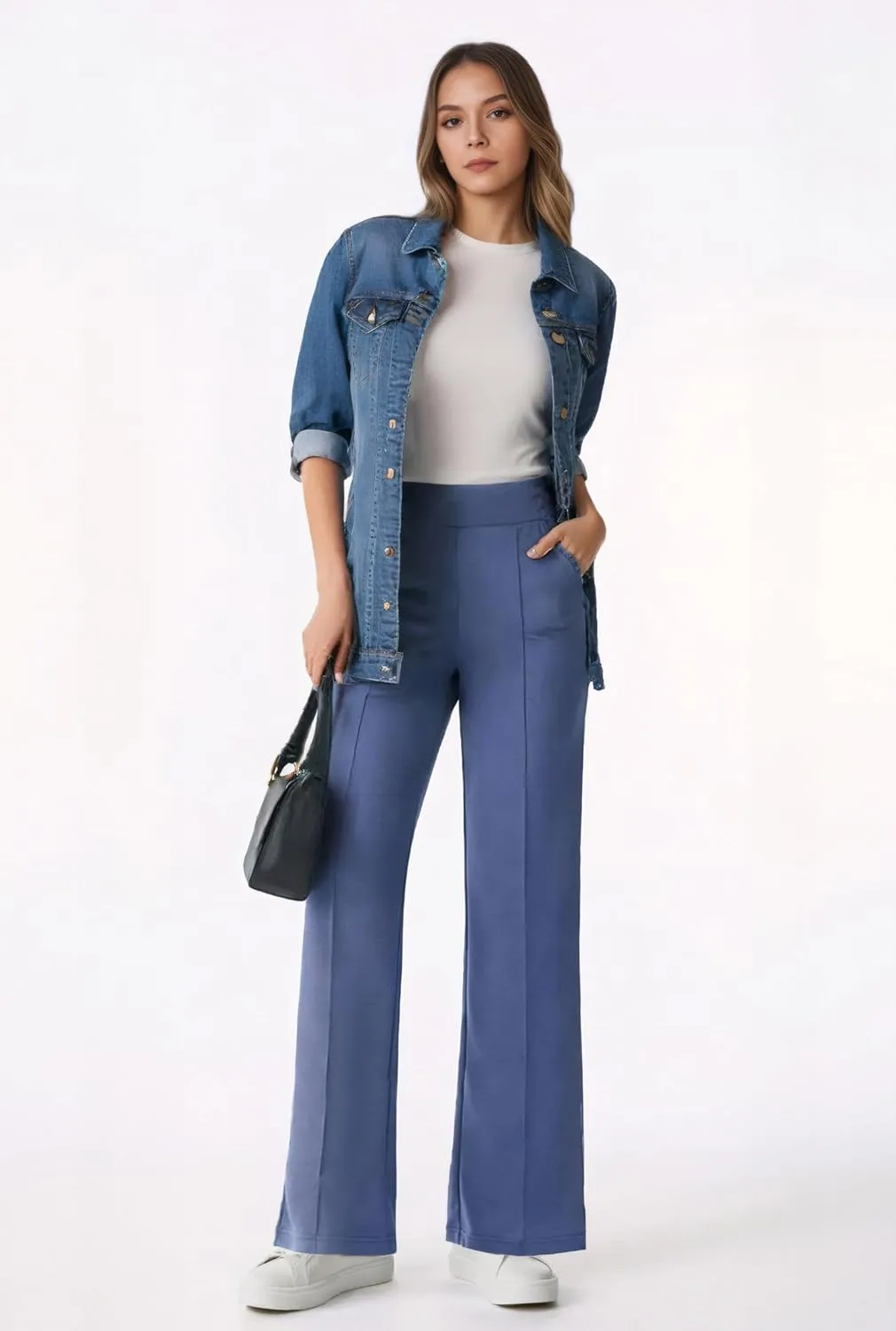 AFITNE Women's Wide Leg Work Pants High Waist Pull On Business Casual Pants Lightweight Lounge Slacks with Pockets 29"/31"