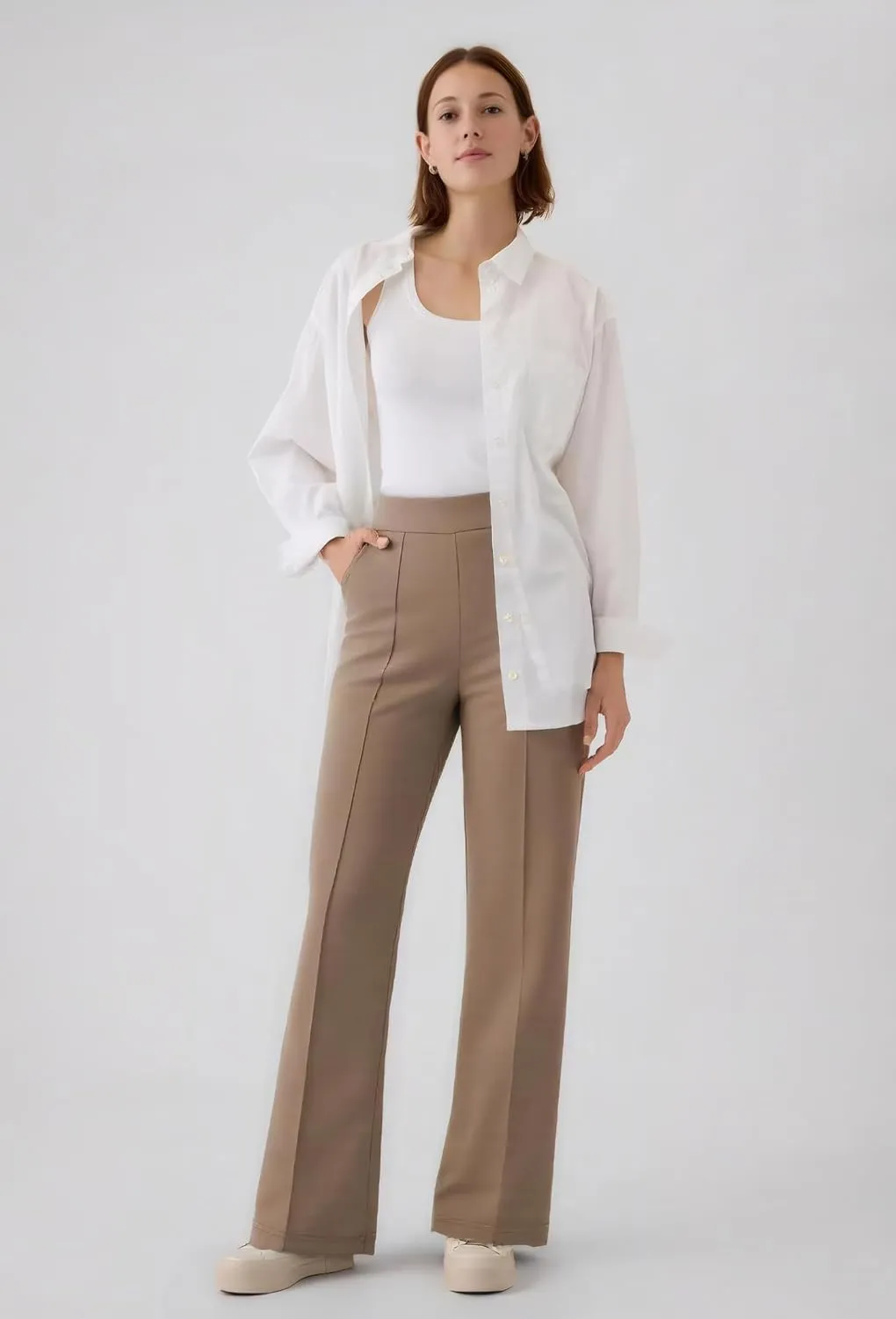 AFITNE Women's Wide Leg Work Pants High Waist Pull On Business Casual Pants Lightweight Lounge Slacks with Pockets 29"/31"