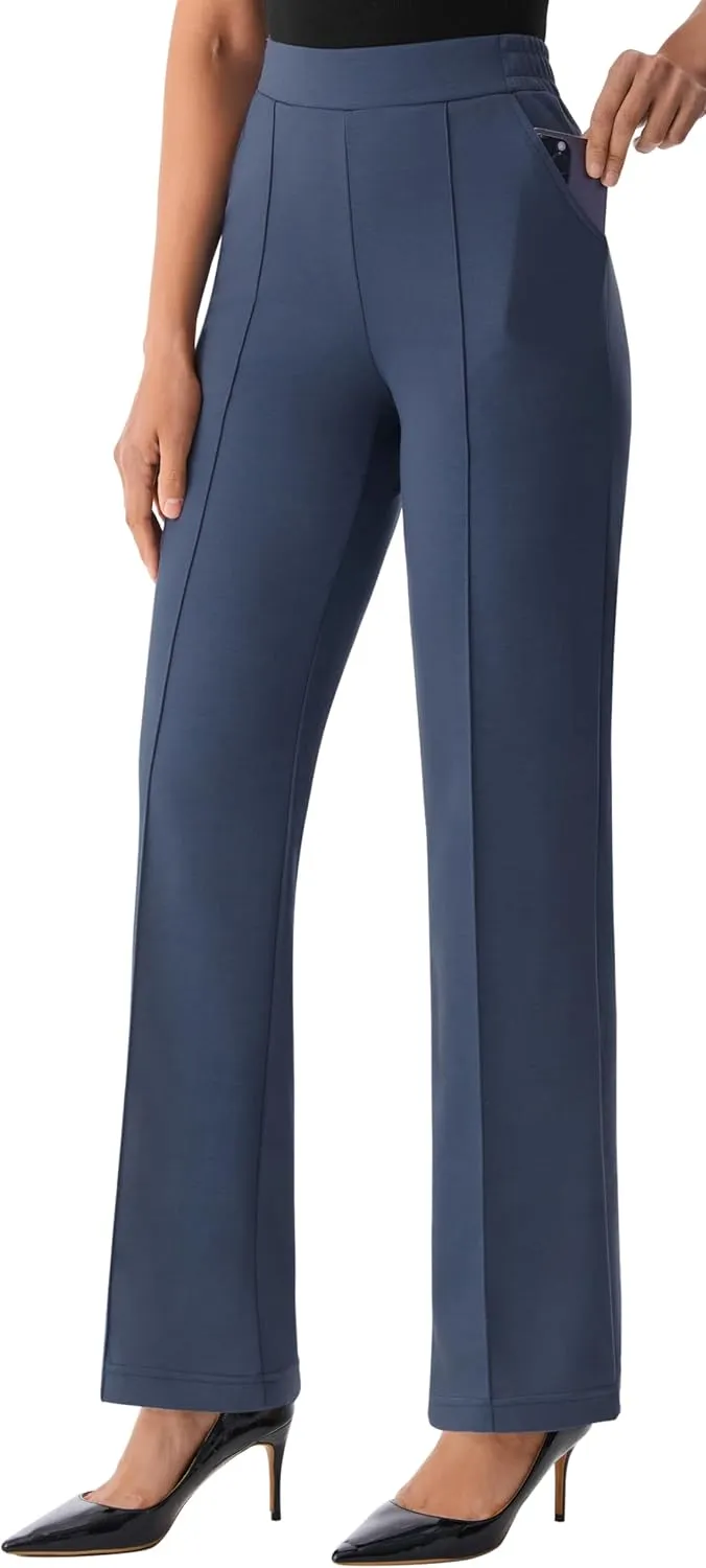 AFITNE Women's Wide Leg Work Pants High Waist Pull On Business Casual Pants Lightweight Lounge Slacks with Pockets 29"/31"