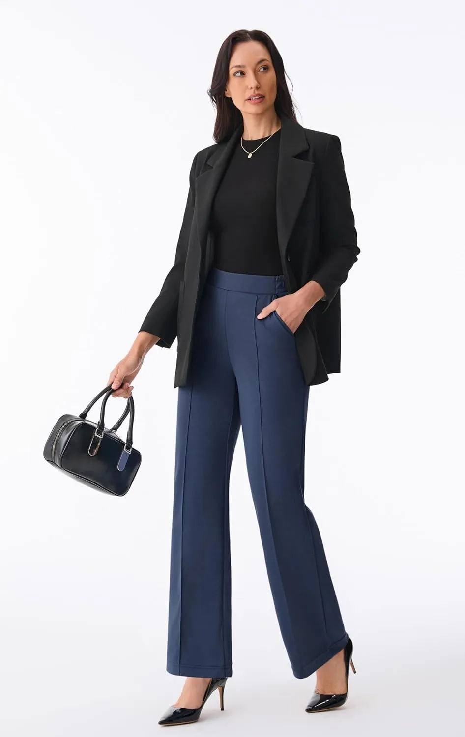 AFITNE Women's Wide Leg Work Pants High Waist Pull On Business Casual Pants Lightweight Lounge Slacks with Pockets 29"/31"