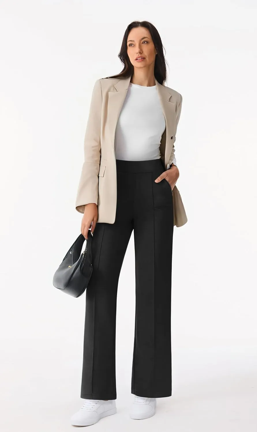 AFITNE Women's Wide Leg Work Pants High Waist Pull On Business Casual Pants Lightweight Lounge Slacks with Pockets 29"/31"