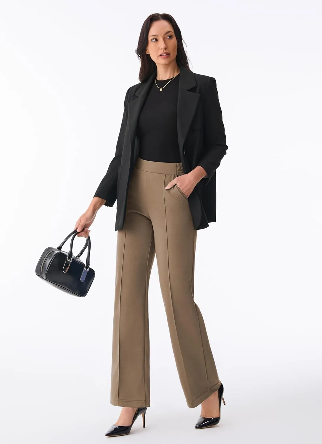 AFITNE Women's Wide Leg Work Pants High Waist Pull On Business Casual Pants Lightweight Lounge Slacks with Pockets 29"/31"
