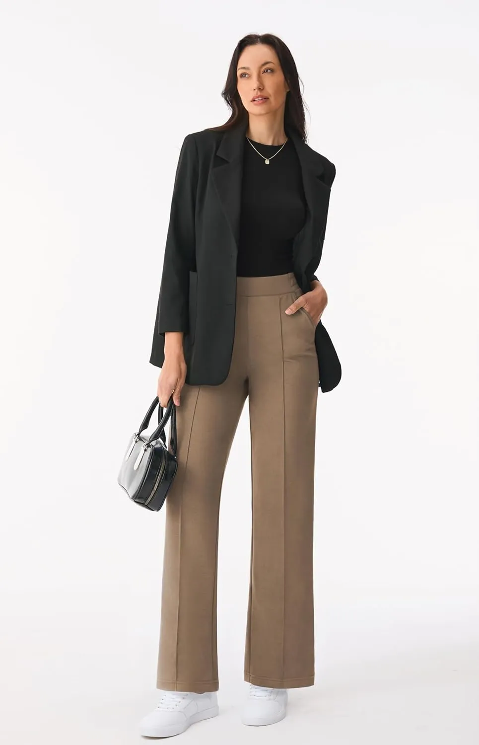 AFITNE Women's Wide Leg Work Pants High Waist Pull On Business Casual Pants Lightweight Lounge Slacks with Pockets 29"/31"