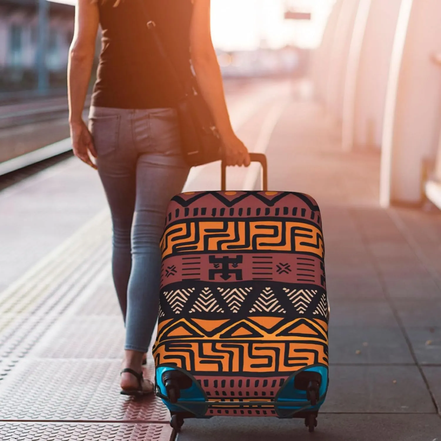 African Mud Cloth Tribal Print Practical Elastic Washable Travel Luggage Cover with Concealed Zipper for Suitcases