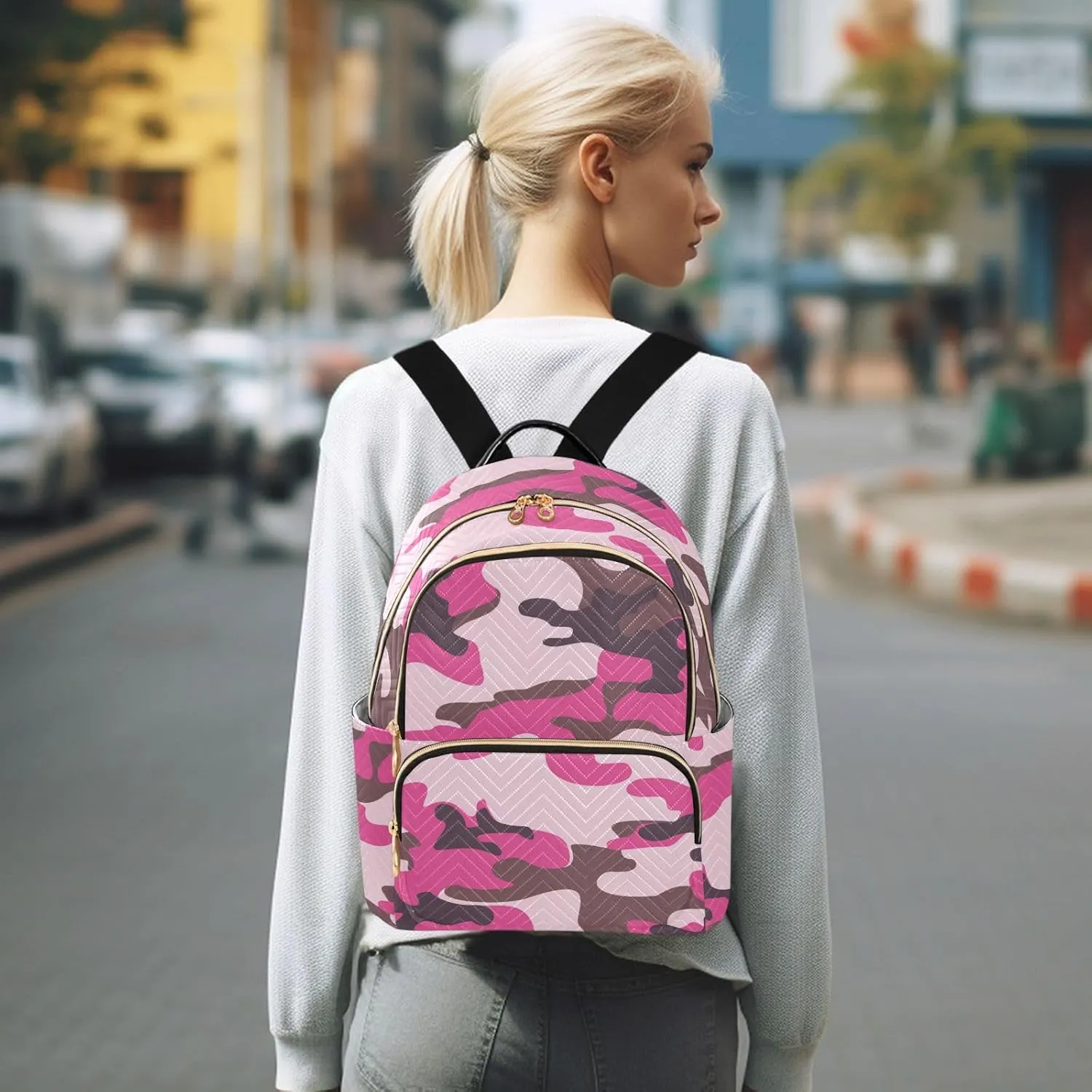 ALAZA Travel Backpack Purse for Women Fashion Anti-theft Work Casual Camo Pink Camouflage Daypack Shoulder Bag Medium Size