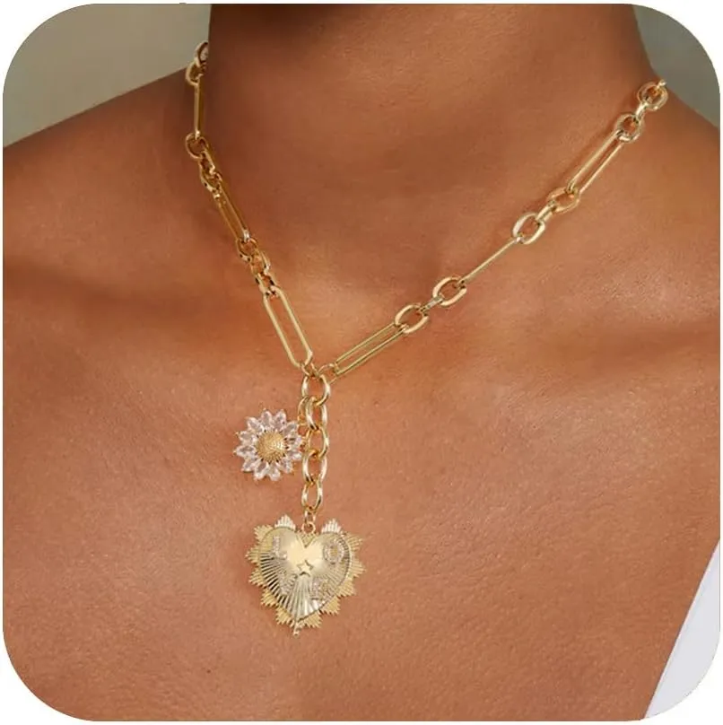 ALEXTINA Sun Heart Charm Neckalce for Women Chunky Gold Necklace for Women, Heart Pendants Chain Necklace Sun Flower Necklace Fashion Hip Hop Choker