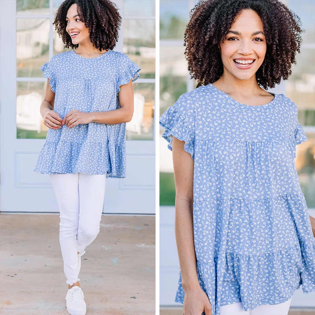 Along For The Ride Light Blue Ditsy Floral Babydoll Top