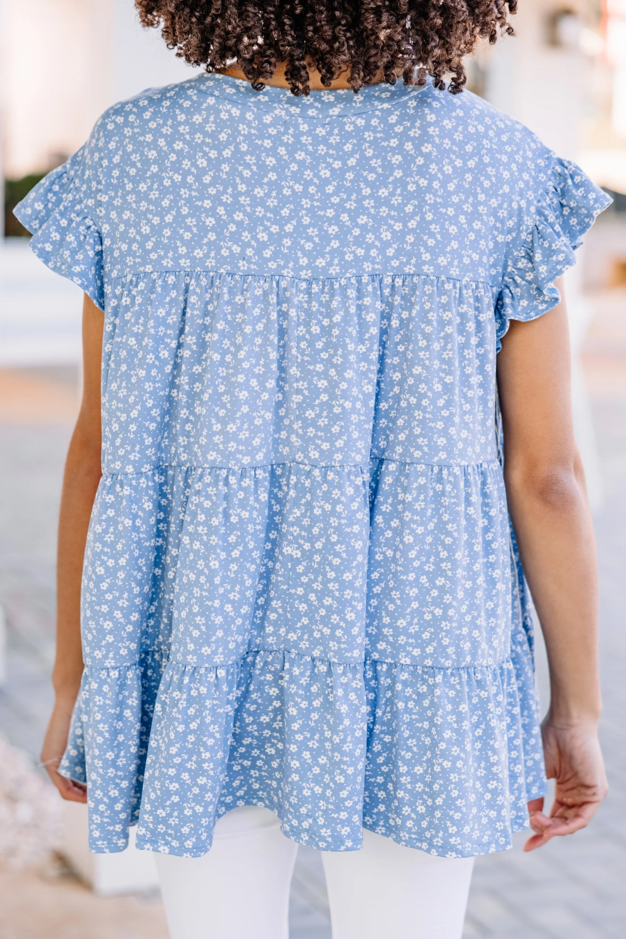 Along For The Ride Light Blue Ditsy Floral Babydoll Top
