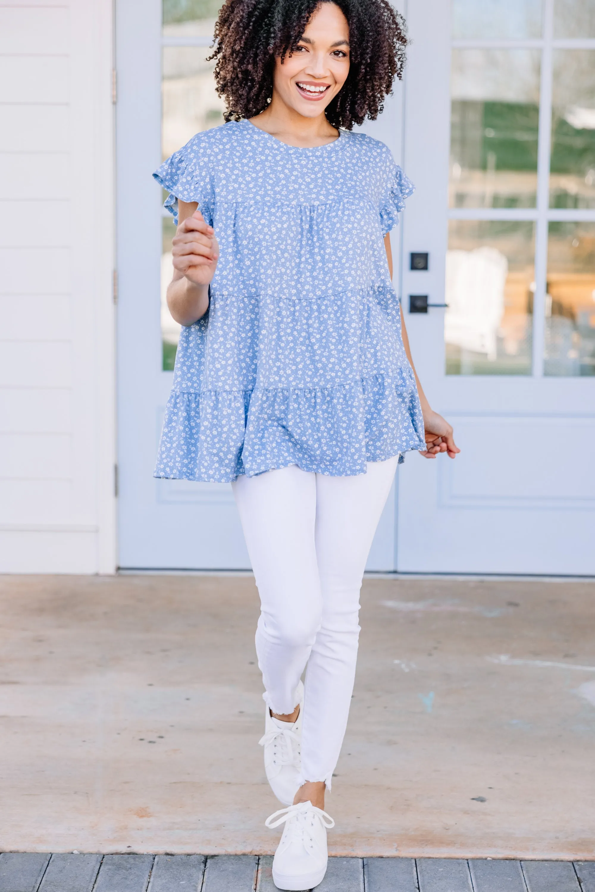 Along For The Ride Light Blue Ditsy Floral Babydoll Top