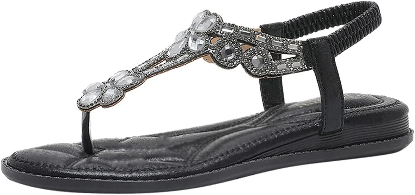 AMDBEL Summer Sandals for Women 2024 Trendy Women's Flat Sandals Beach Sandal T-Strap Rhinestone Beaded Flower Bohemia Sandal