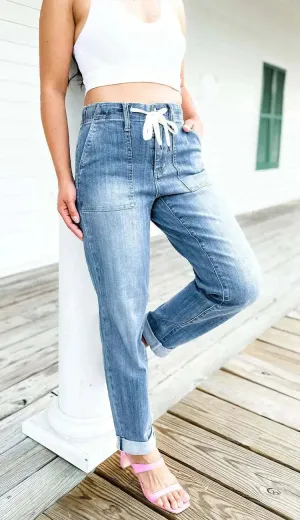 Amy Fashion - Elastic Skinny Pencil Casual Denim Drawstring High Waist Women's Fashionable Jean