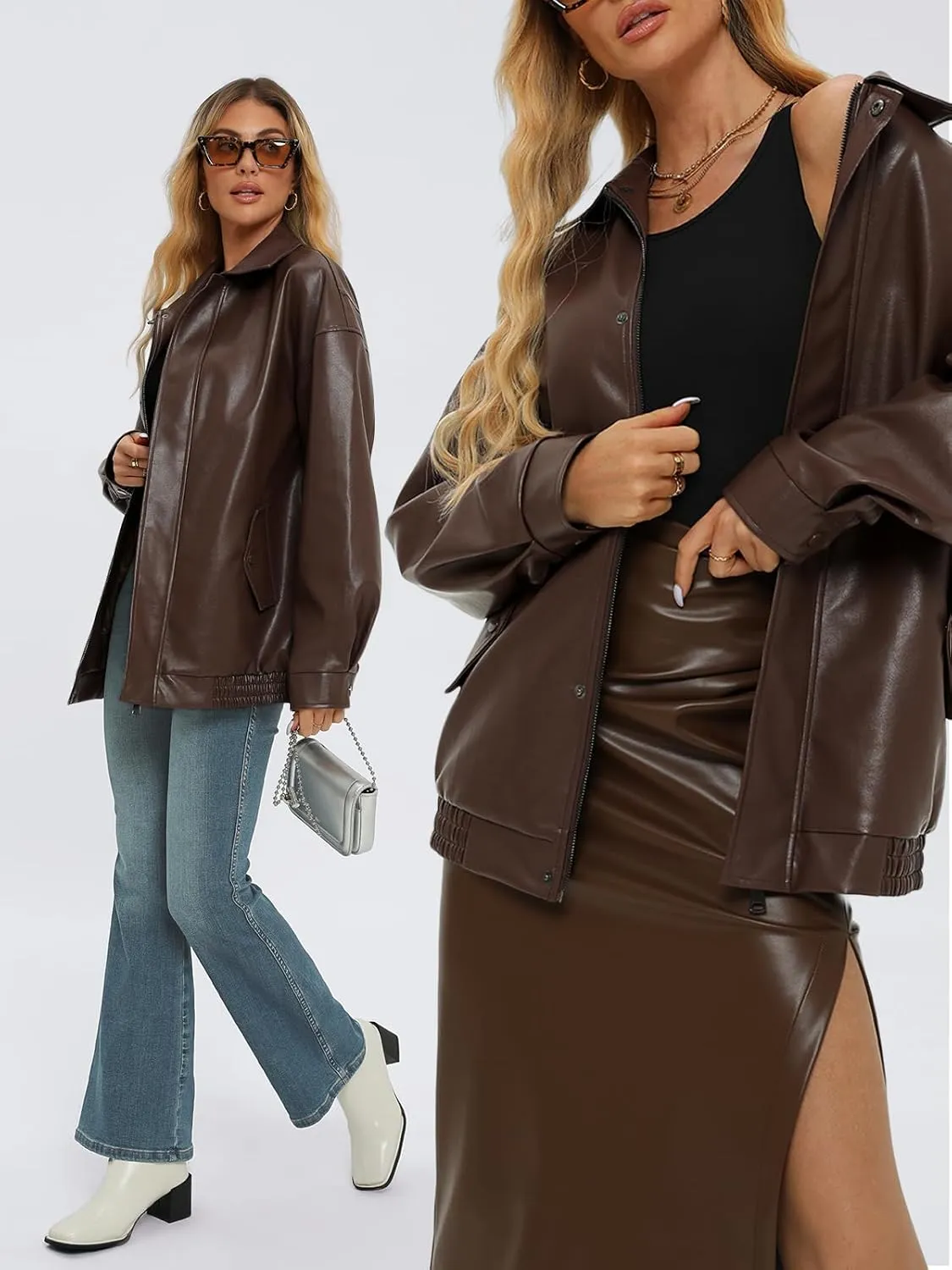 AUTOMET Women's Oversized Leather Jackets Faux Suede 2024 Fall Zip Up Motorcycle Coats Blazer Jackets for Women Outfits