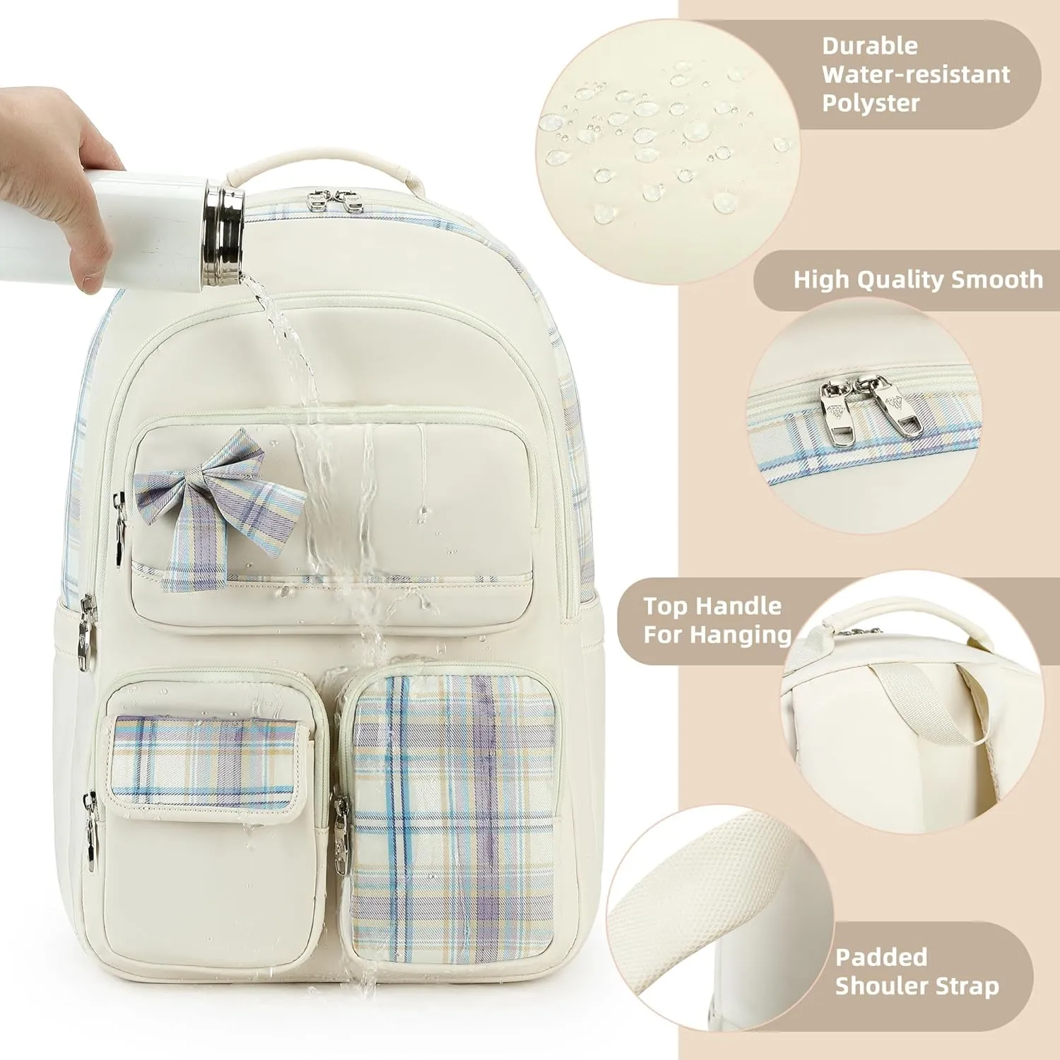Backpack for Girls,School Backpacks for Teen,Cute College Bags for Women Students Large Bookbag 15.6 Inch Laptop Bag Back Pack Kids Kindergarten Elementary Casual Travel Daypacks Beige
