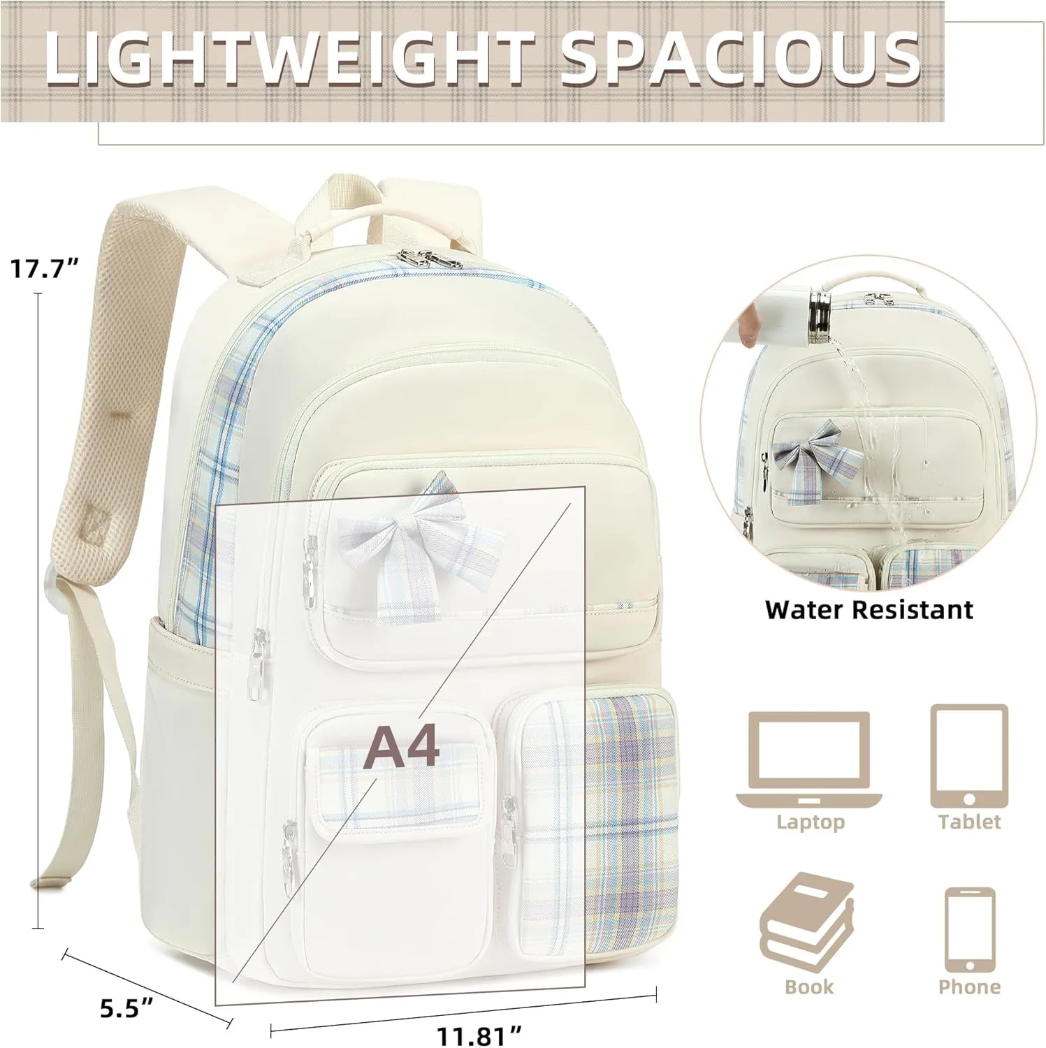 Backpack for Girls,School Backpacks for Teen,Cute College Bags for Women Students Large Bookbag 15.6 Inch Laptop Bag Back Pack Kids Kindergarten Elementary Casual Travel Daypacks Beige