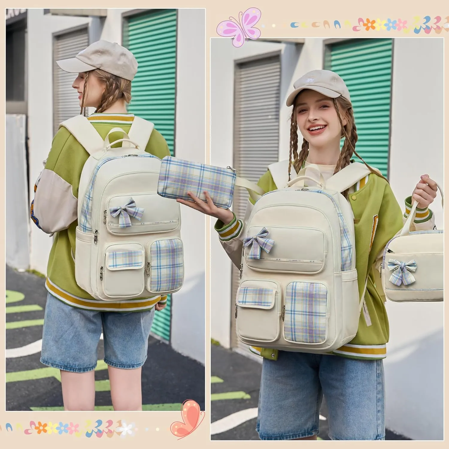 Backpack for Girls,School Backpacks for Teen,Cute College Bags for Women Students Large Bookbag 15.6 Inch Laptop Bag Back Pack Kids Kindergarten Elementary Casual Travel Daypacks Beige