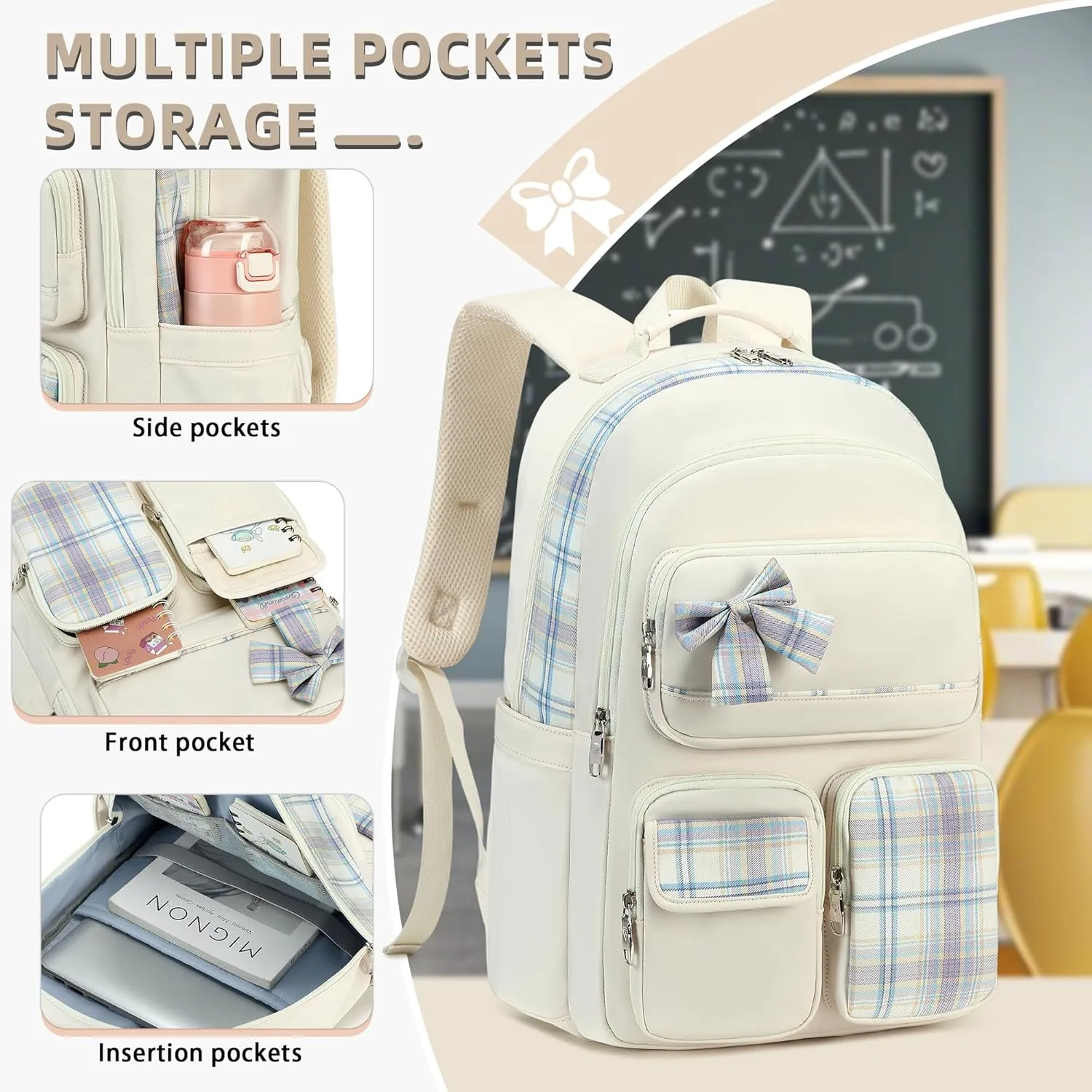Backpack for Girls,School Backpacks for Teen,Cute College Bags for Women Students Large Bookbag 15.6 Inch Laptop Bag Back Pack Kids Kindergarten Elementary Casual Travel Daypacks Beige