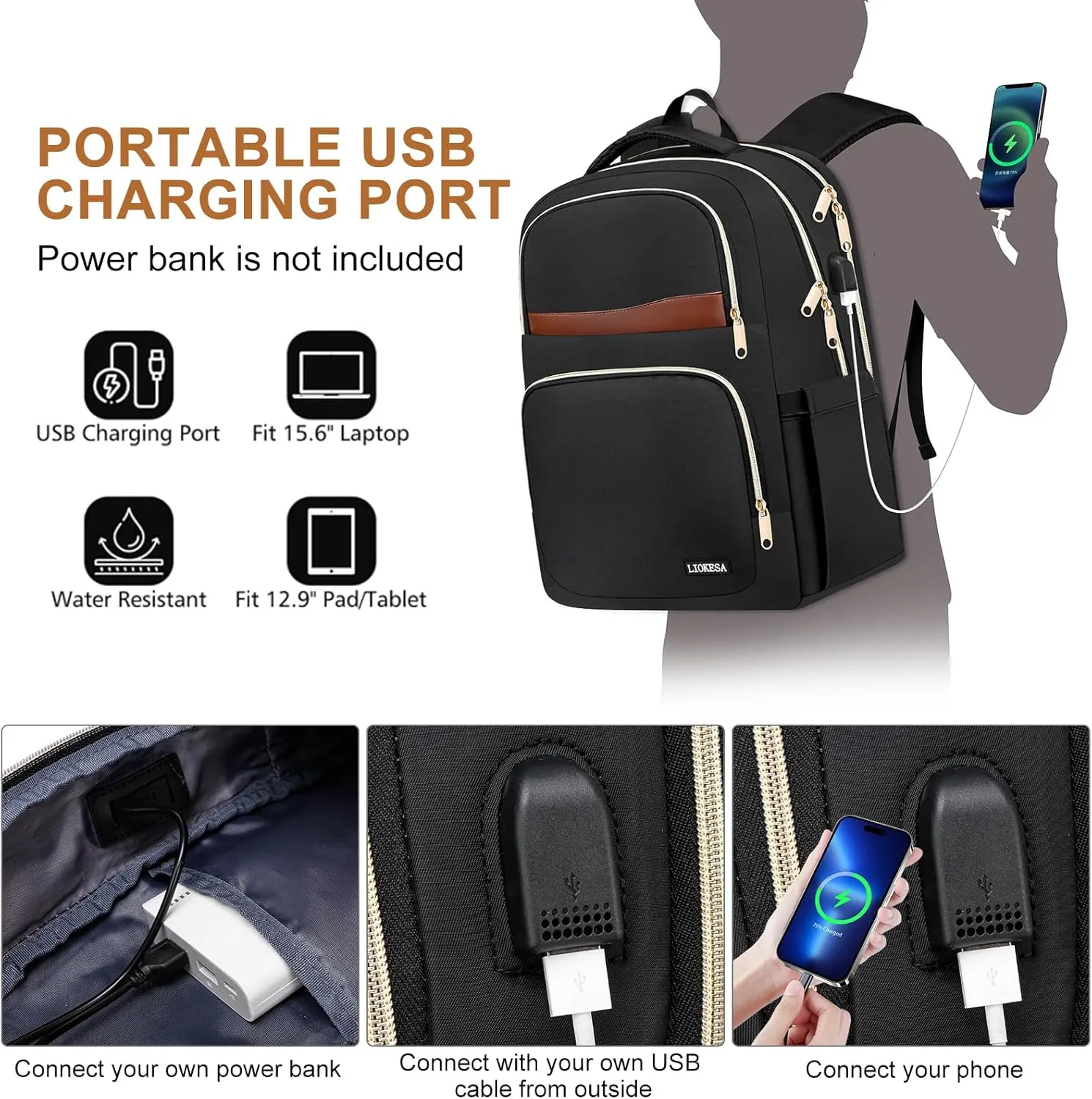 Backpack for Women Men, 17.3 Inch Large School Backpacks, Teen Girls Boys Bookbag with USB Charging Port, Work Travel Laptop Back Pack Purse Casual Daypacks, Black