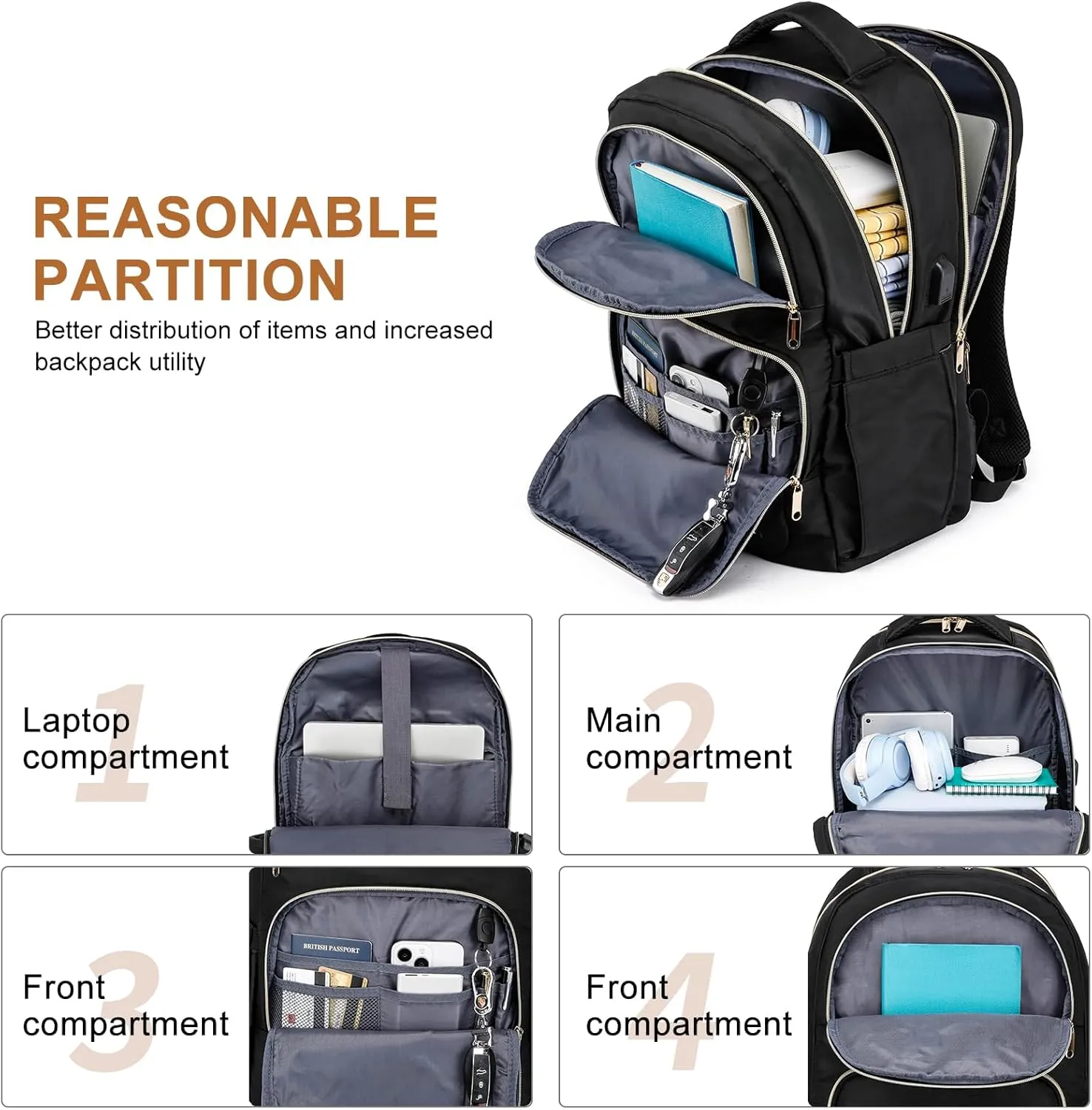 Backpack for Women Men, 17.3 Inch Large School Backpacks, Teen Girls Boys Bookbag with USB Charging Port, Work Travel Laptop Back Pack Purse Casual Daypacks, Black