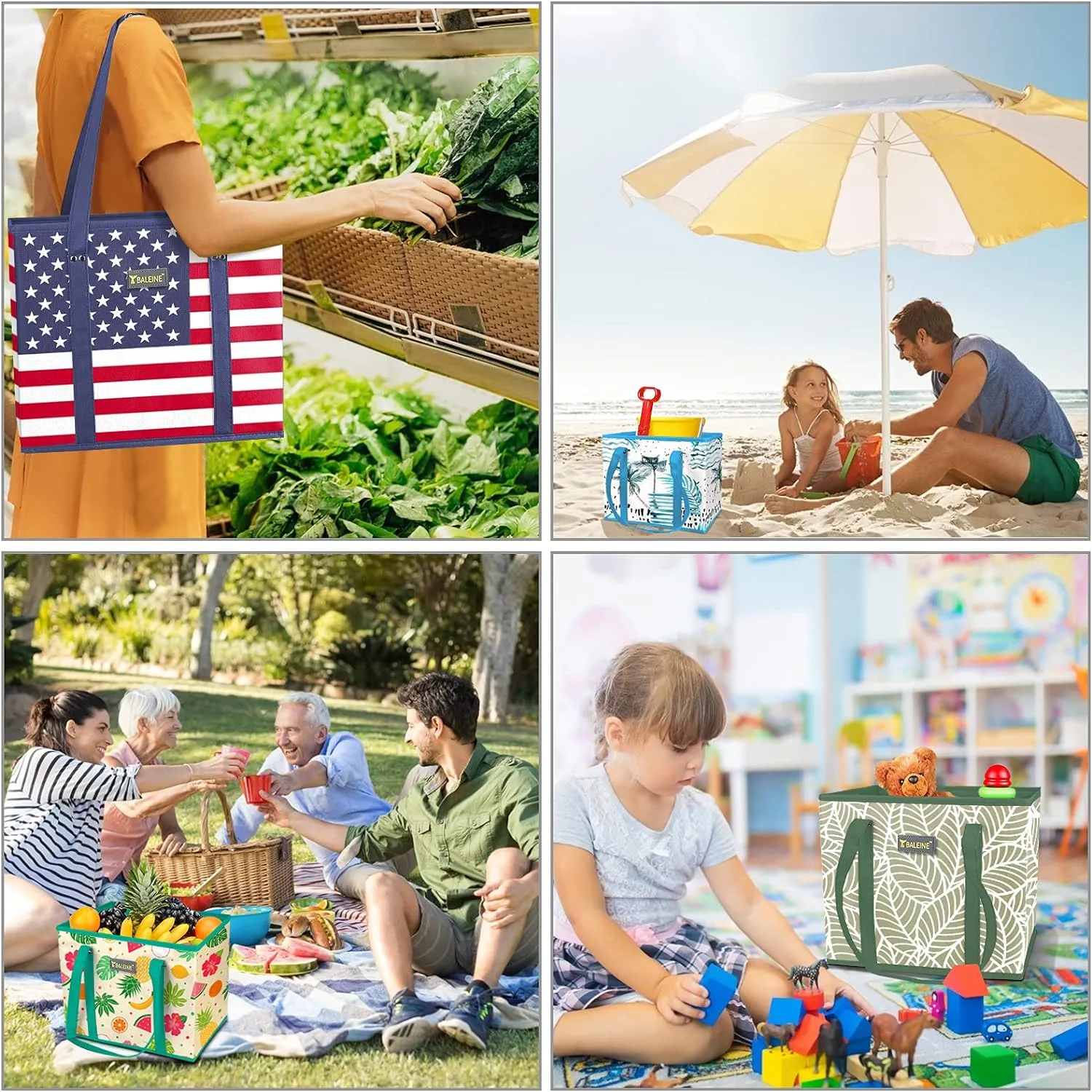 BALEINE 3Pk Reusable Grocery Bags, Foldable Shopping Bags for Groceries with Reinforced Bottom & Handles (Island Breeze)