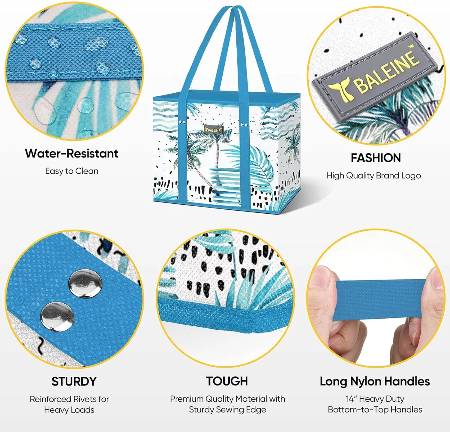BALEINE 3Pk Reusable Grocery Bags, Foldable Shopping Bags for Groceries with Reinforced Bottom & Handles (Island Breeze)