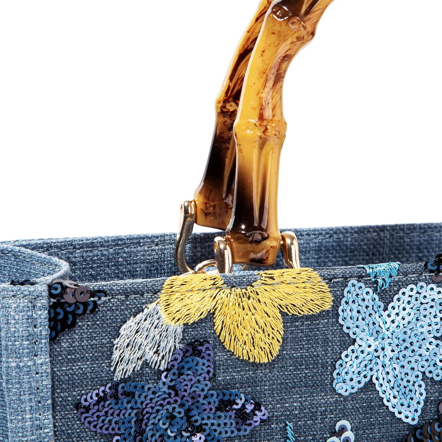 Bamboo Handle Sequin Embroidered Bag Floral Clutch Evening Handbag for Wedding Party