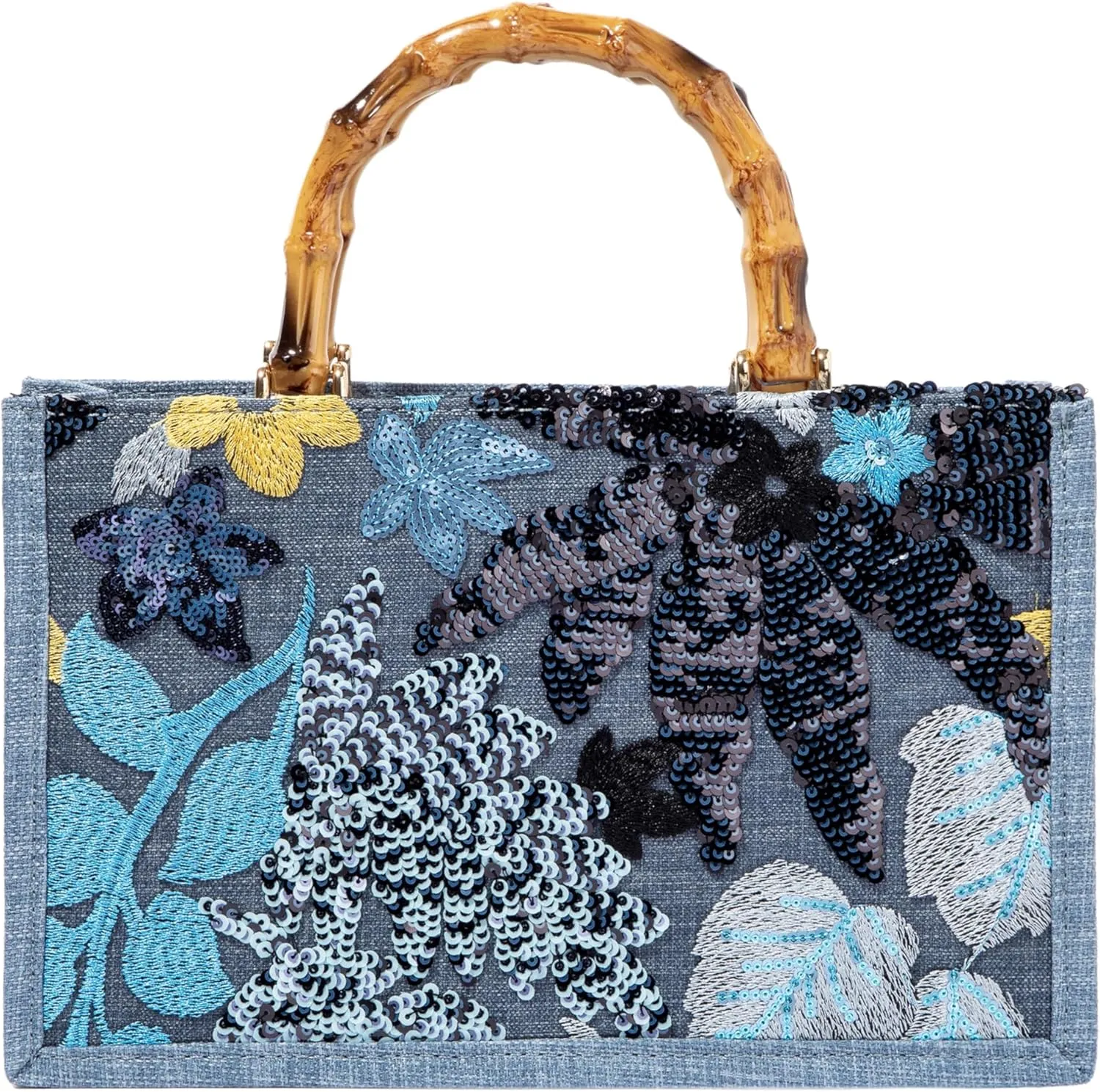 Bamboo Handle Sequin Embroidered Bag Floral Clutch Evening Handbag for Wedding Party