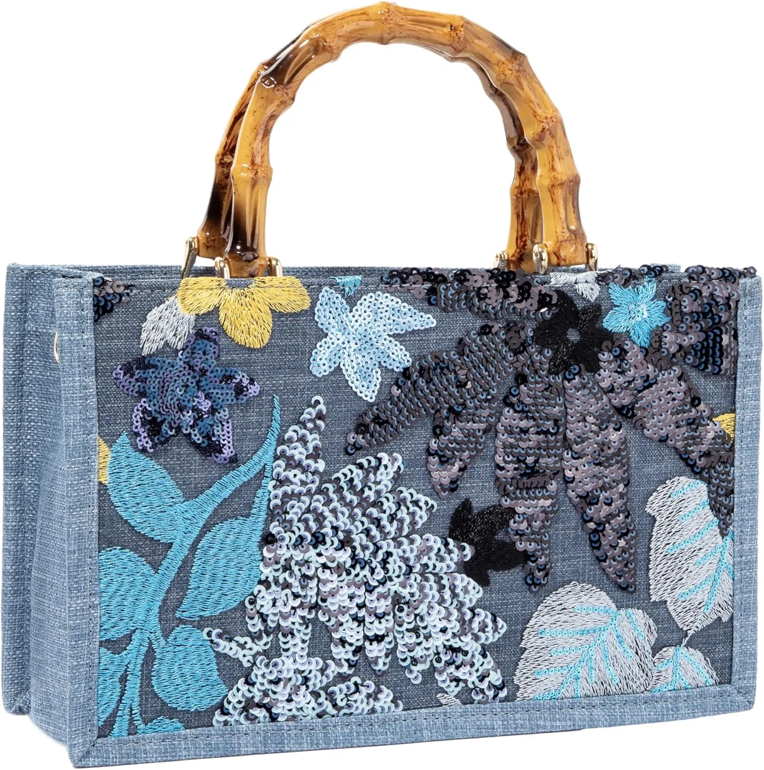 Bamboo Handle Sequin Embroidered Bag Floral Clutch Evening Handbag for Wedding Party
