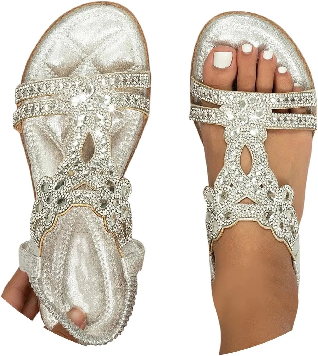 Beach Sandals for Woman 2025 Dressy Summer Bohemian Flats Comfortable Elastic Ankle Strap Beach Shoes Casual Rhinestone Beaded Sparkly Bling Sandal
