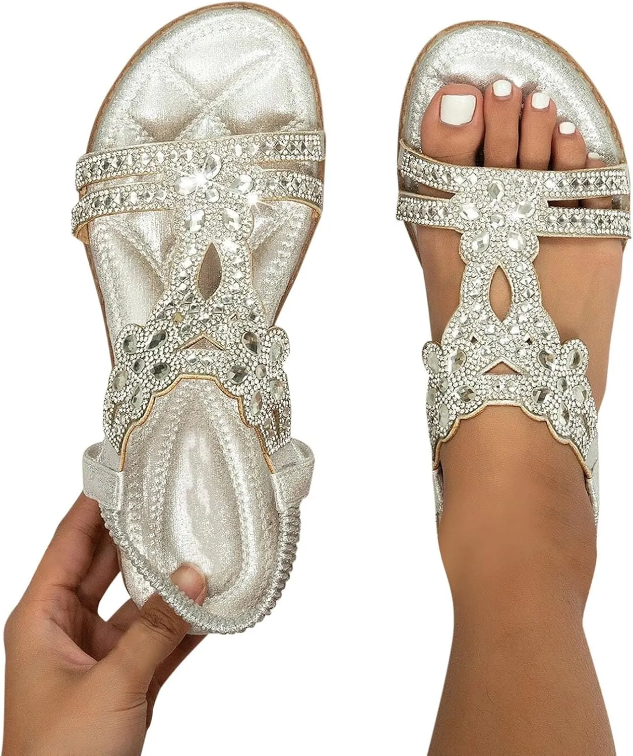 Beach Sandals for Woman 2025 Dressy Summer Bohemian Flats Comfortable Elastic Ankle Strap Beach Shoes Casual Rhinestone Beaded Sparkly Bling Sandal