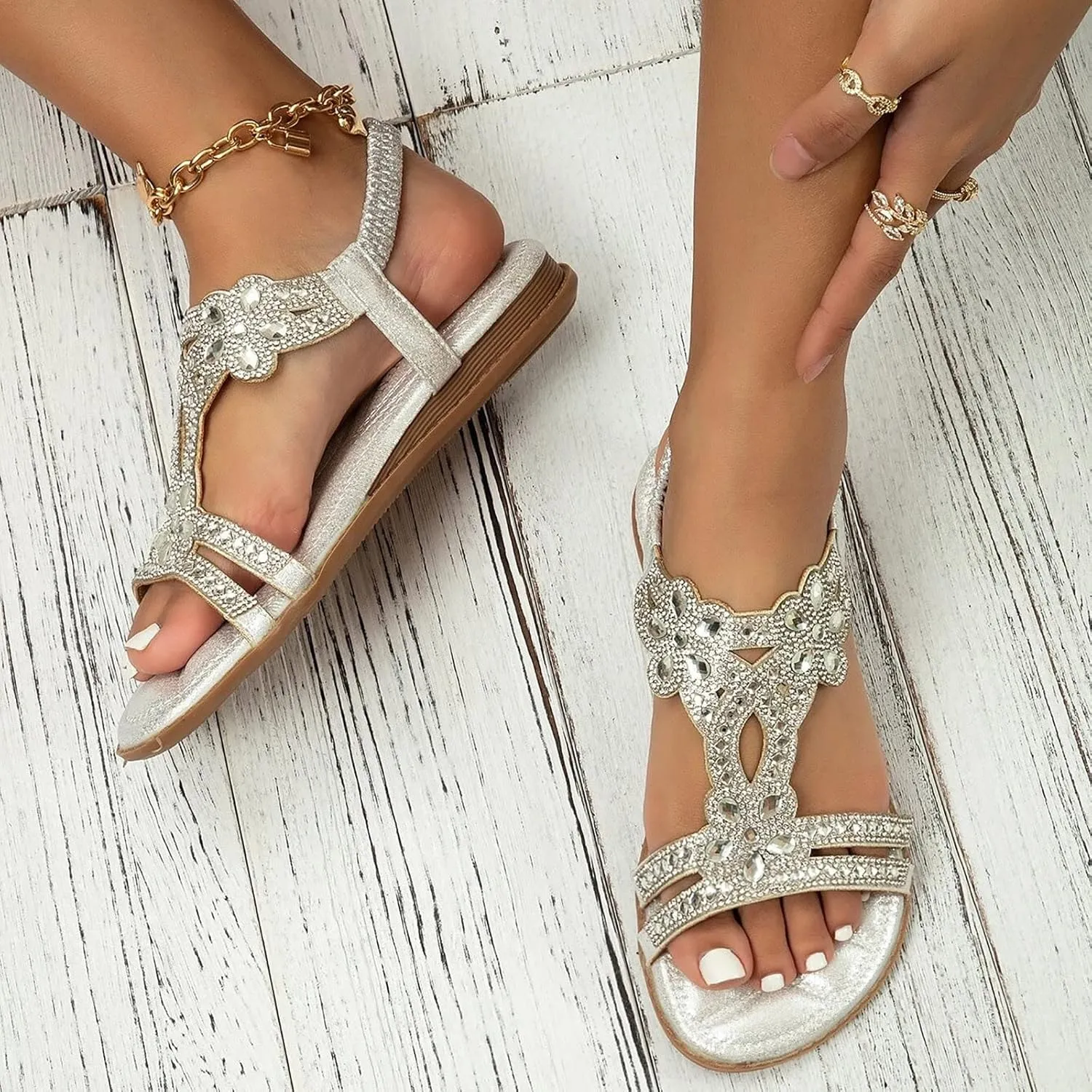 Beach Sandals for Woman 2025 Dressy Summer Bohemian Flats Comfortable Elastic Ankle Strap Beach Shoes Casual Rhinestone Beaded Sparkly Bling Sandal