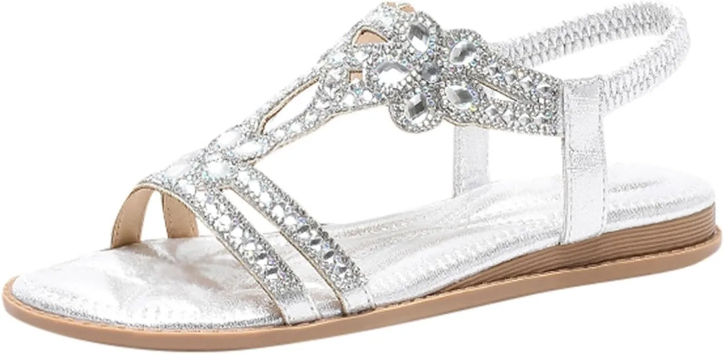 Beach Sandals for Woman 2025 Dressy Summer Bohemian Flats Comfortable Elastic Ankle Strap Beach Shoes Casual Rhinestone Beaded Sparkly Bling Sandal
