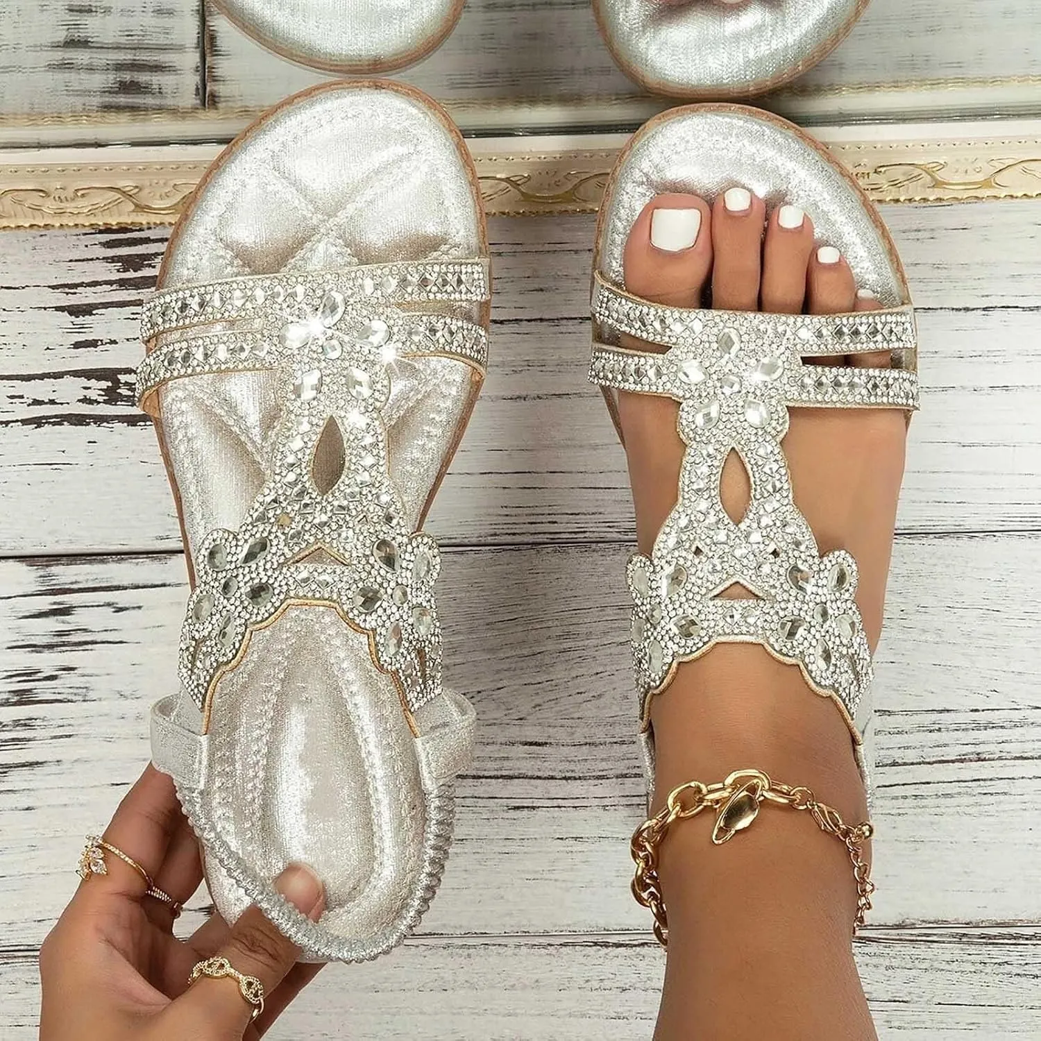 Beach Sandals for Woman 2025 Dressy Summer Bohemian Flats Comfortable Elastic Ankle Strap Beach Shoes Casual Rhinestone Beaded Sparkly Bling Sandal