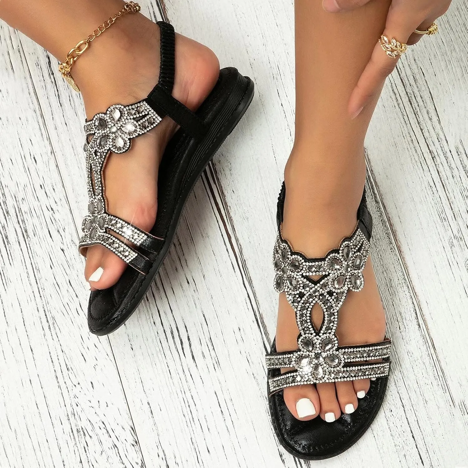 Beach Sandals for Woman 2025 Dressy Summer Flat Casual Rhinestone Beaded Sparkly Bling Bohemian Lace Flower Sandal Comfortable Elastic Ankle Strap Beach Shoes