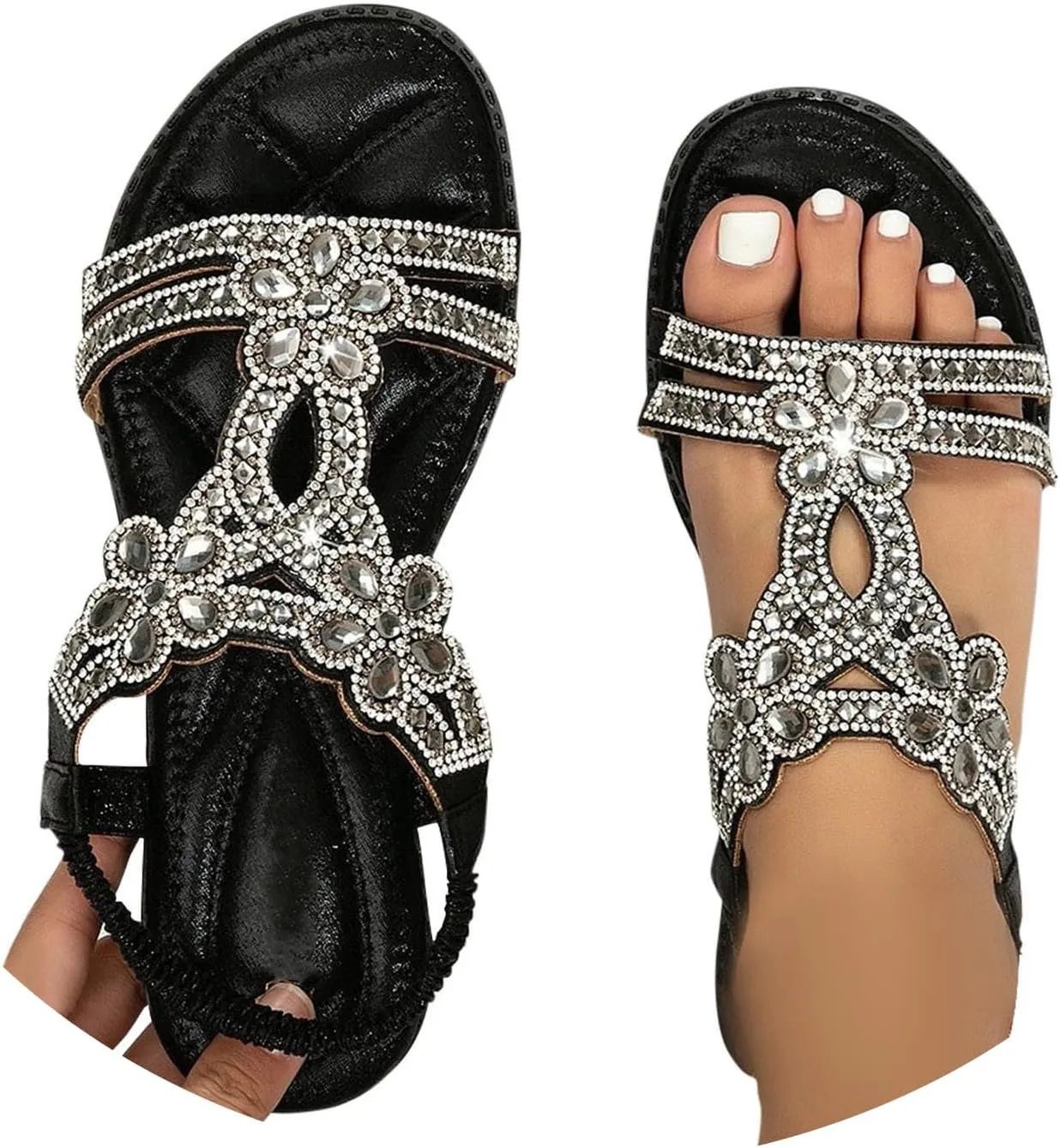 Beach Sandals for Woman 2025 Dressy Summer Flat Casual Rhinestone Beaded Sparkly Bling Bohemian Lace Flower Sandal Comfortable Elastic Ankle Strap Beach Shoes